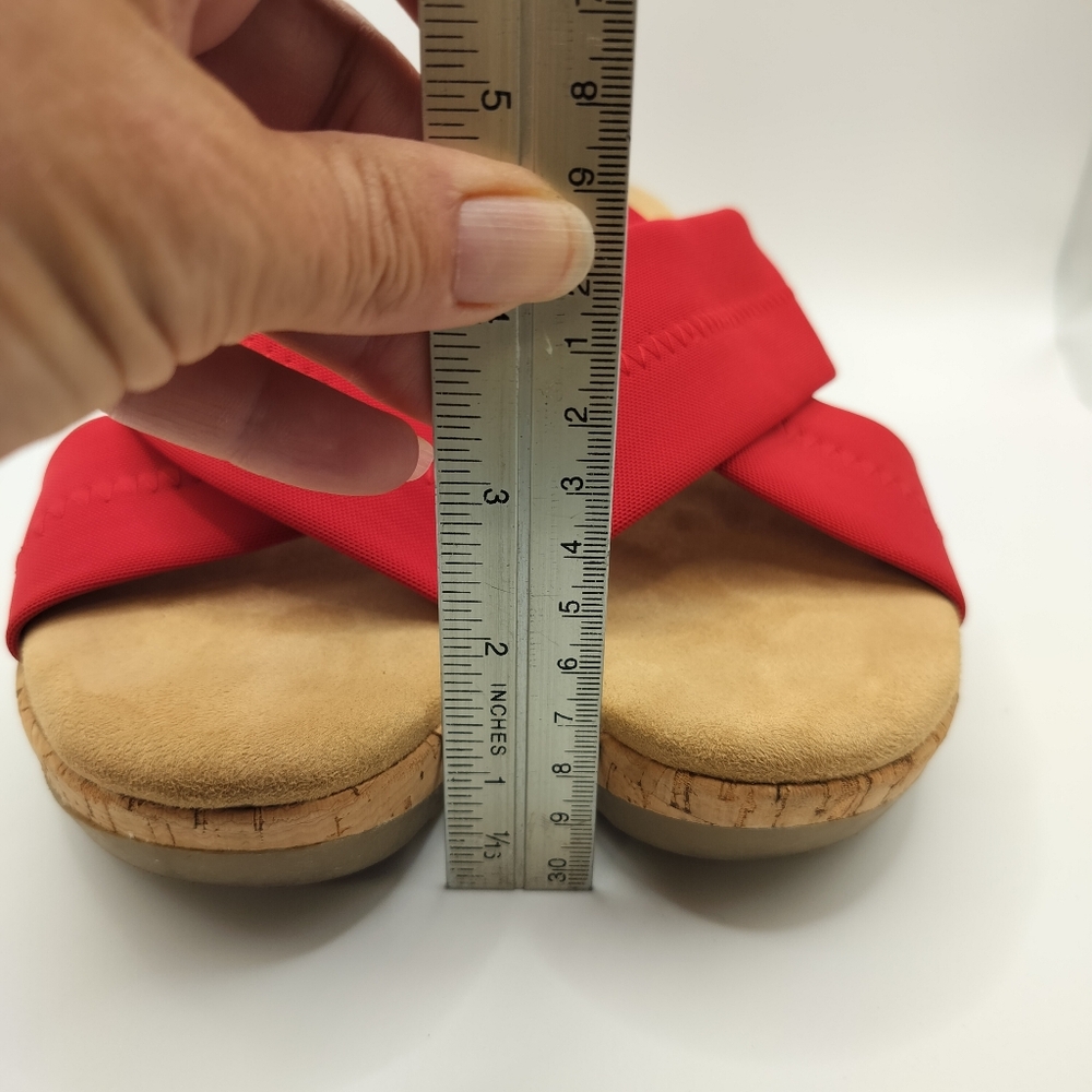 2/$30 Skechers Red Tan Wedge Cross Strap Slip On Sandals Womens‎ Size 7 Summer - Picture 9 of 13